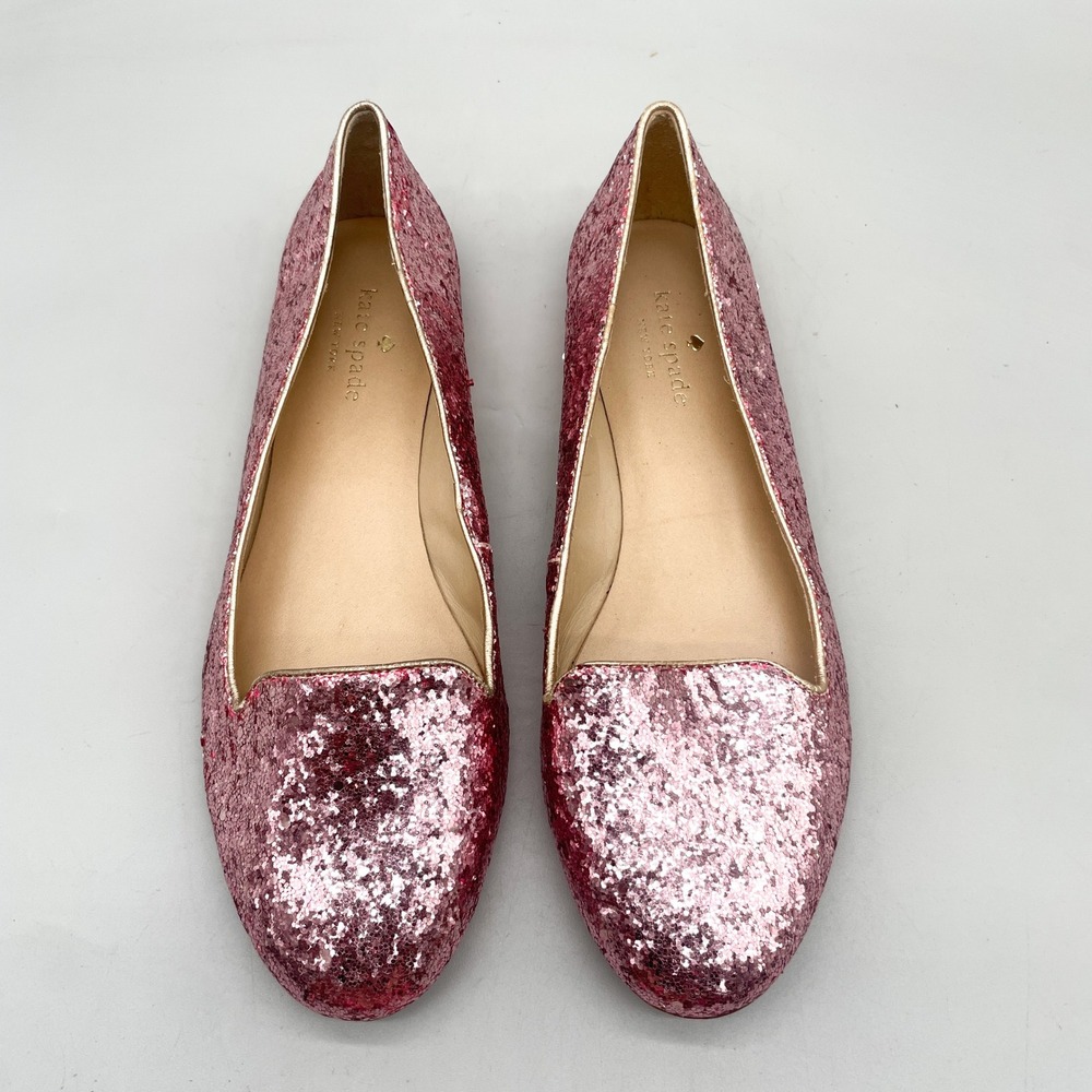 Kate Spade Womens 8 M Glitter Loafers Smoking Flats Pink Rose Gold Glam Sparkly